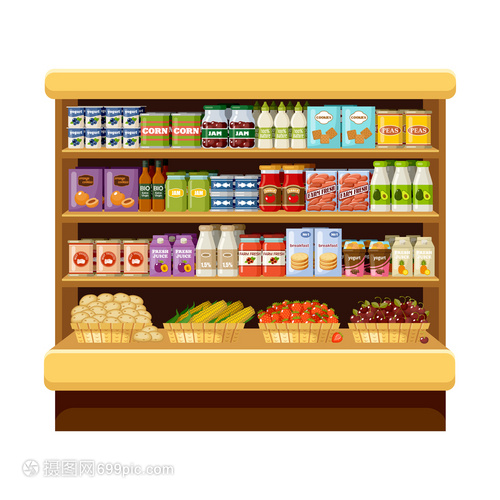 超市乳品区 储藏室与货架的矢量平插图解